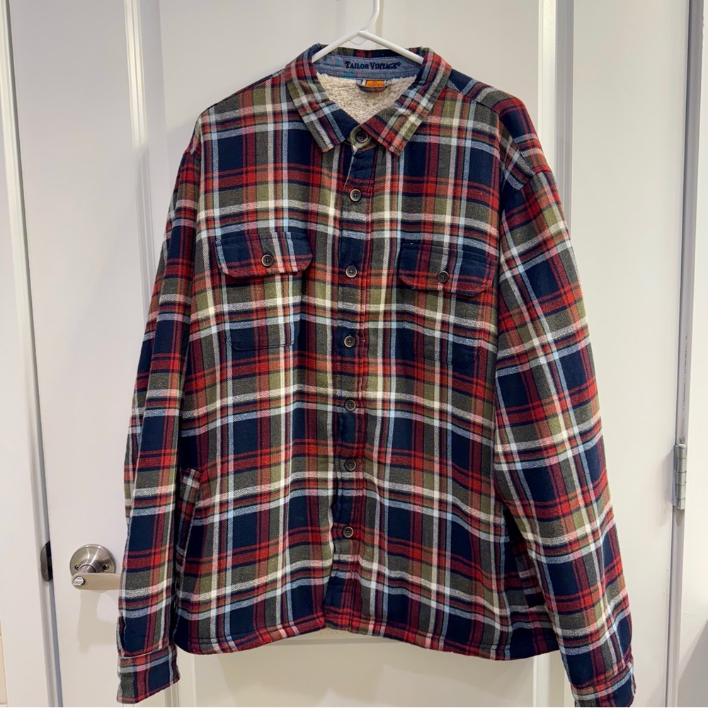 Men’s Tailor Vintage Red and Blue Plaid Jacket with Fleece Sherpa Lining